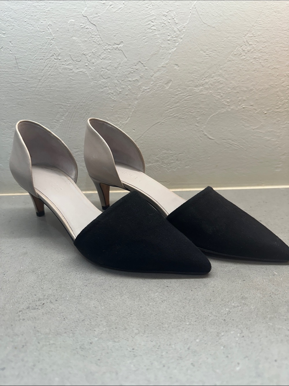 Vince Two-Tone Pointed D'Orsay Low Heels — Black and Cream